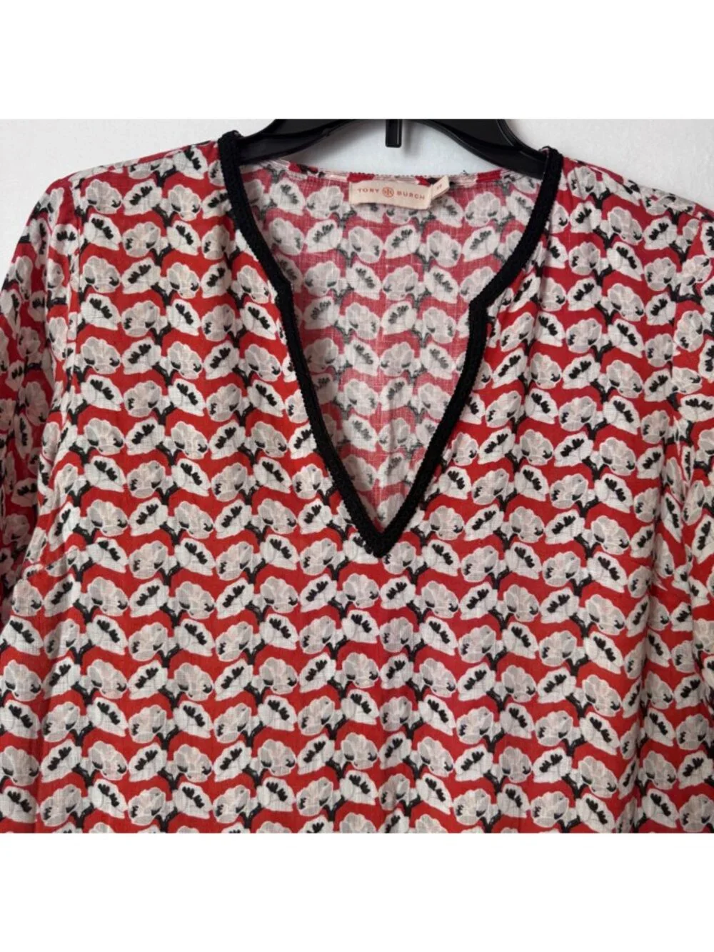 Tory Burch Women Red Floral 100% Linen Black Trim Tunic Top Size XS